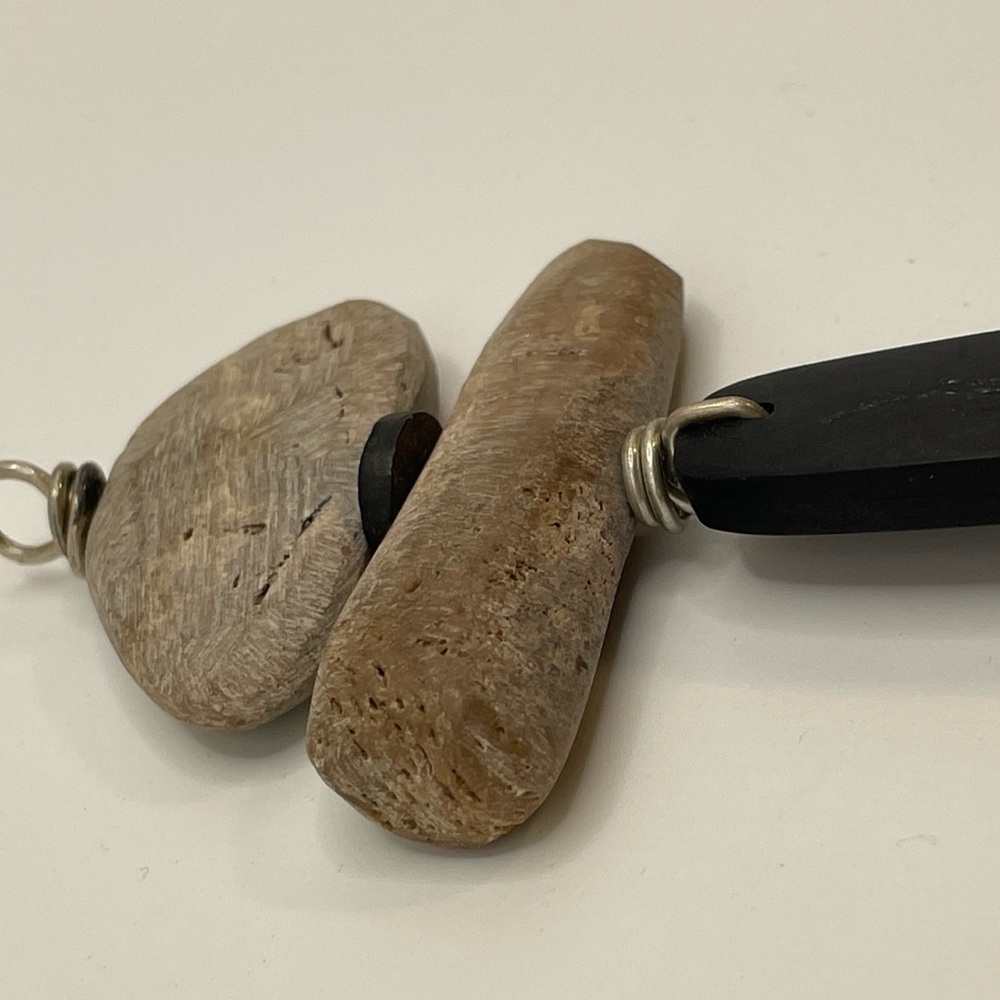 Unique Handmade Petrified Wood & Genuine Jet Totem Pendant Fossil Boho Wire Wrap - Picture 3 of 14